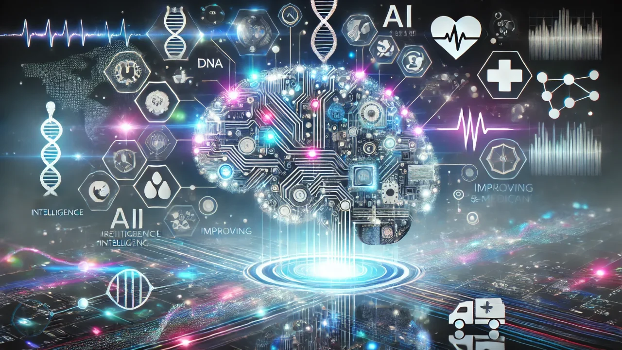 DALL·E 2024-09-04 14.27.14 - A futuristic representation of artificial intelligence in the medical field. The image features a digital brain made up of circuits, data streams, and